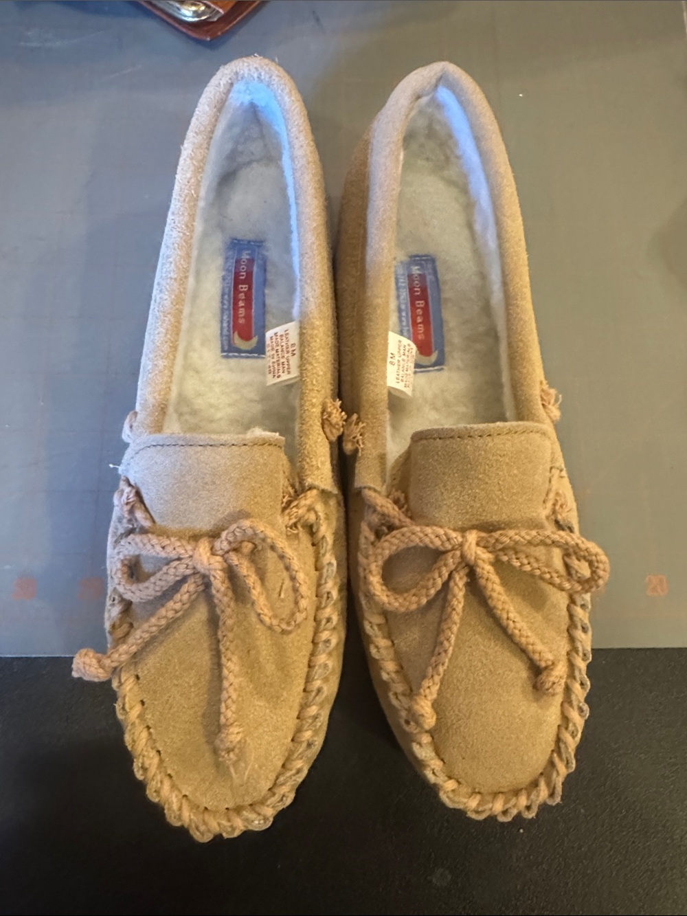 Moon Beams Beige Suede Moccasin Slippers with Bow